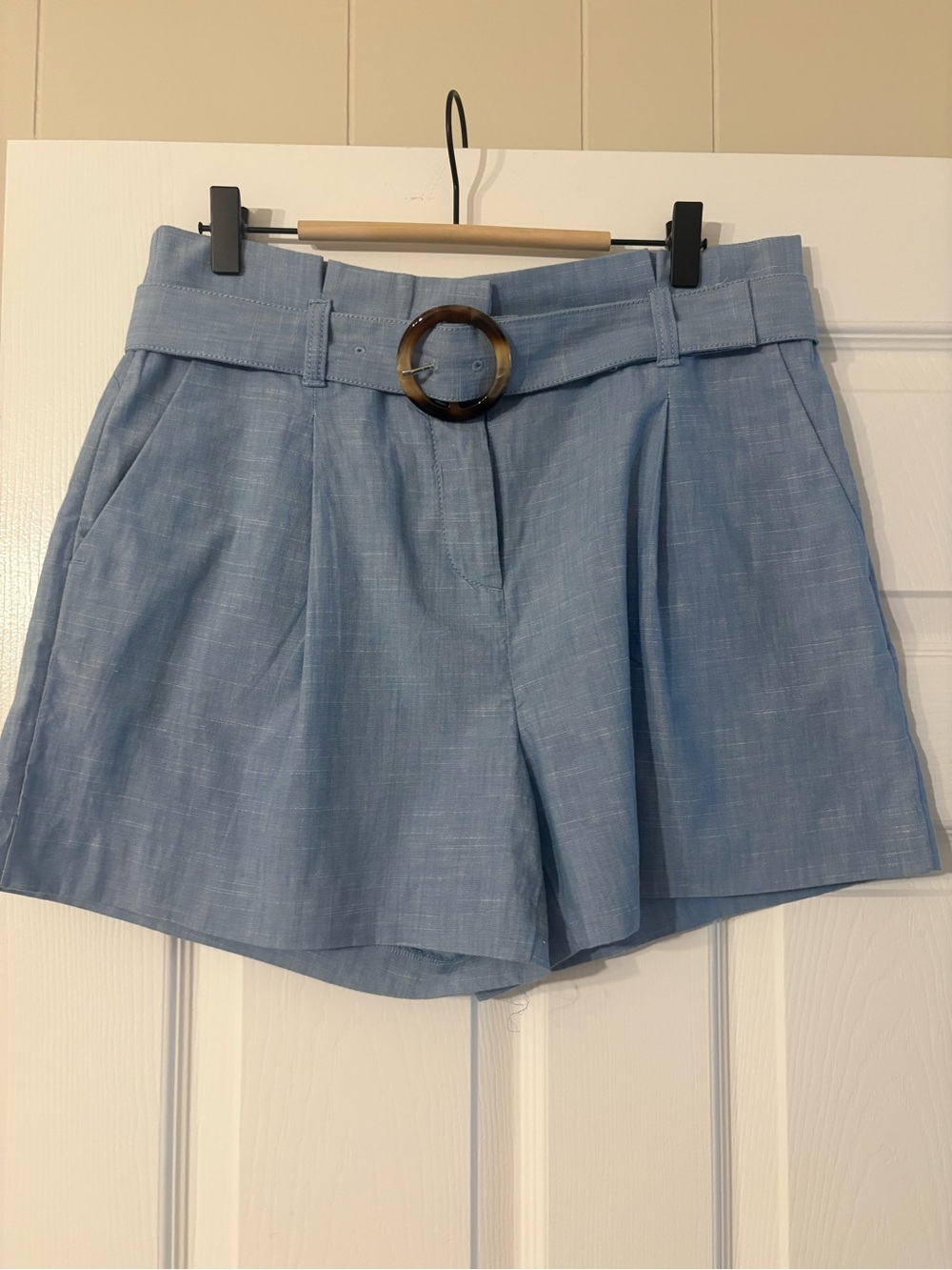 LOFT Light Blue High-Waist Belted Pleat Shorts
